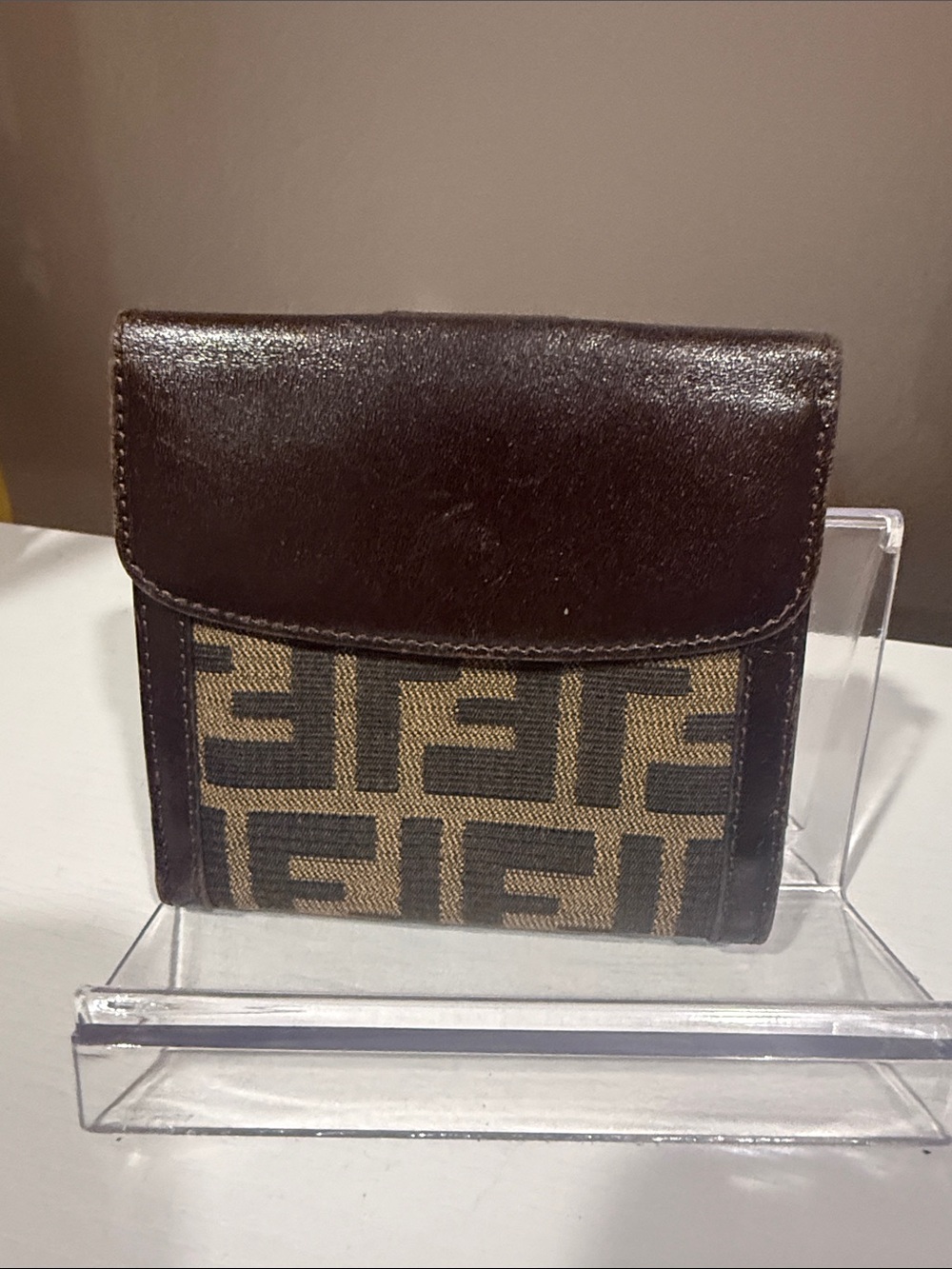 Fendi Brown and Tan FF Logo Compact Wallet